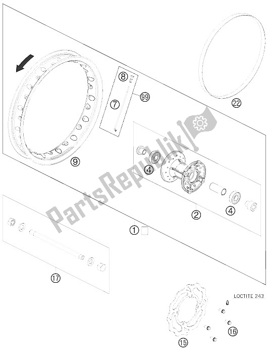 All parts for the Front Wheel of the KTM 50 SX Europe 2009