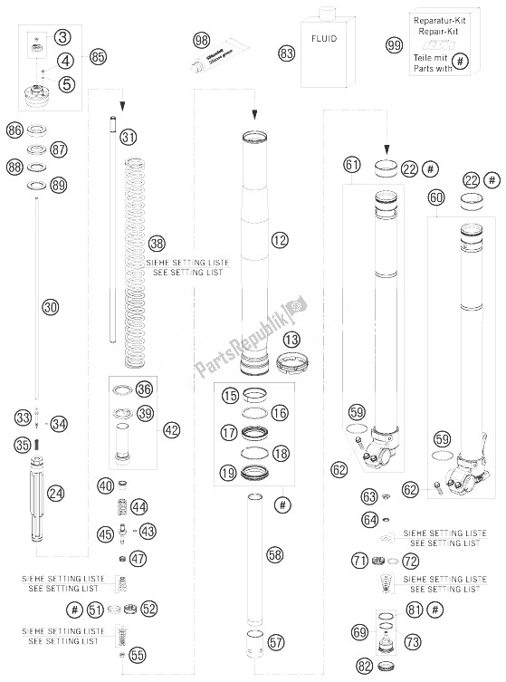 All parts for the Front Fork Disassembled of the KTM 690 Enduro R Europe 2010