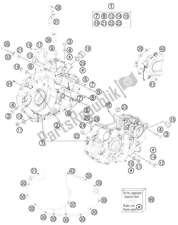 All parts for the Engine Case of the KTM 690 Duke R Australia United Kingdom 2011