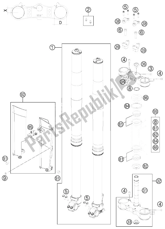 All parts for the Front Fork, Triple Clamp of the KTM 450 XC W SIX Days USA 2011