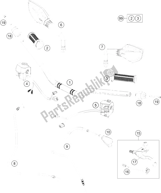 Todas as partes de Guiador, Controles do KTM 390 Duke White ABS B D 15 USA 2015