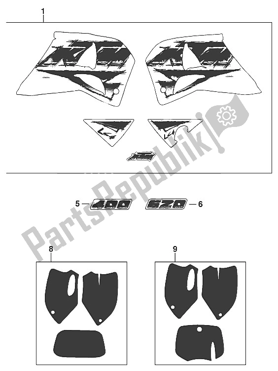 Todas as partes de Conjunto De Decalques Sx, Sc '96 do KTM 400 SUP Comp WP 18 KW Europe 1996