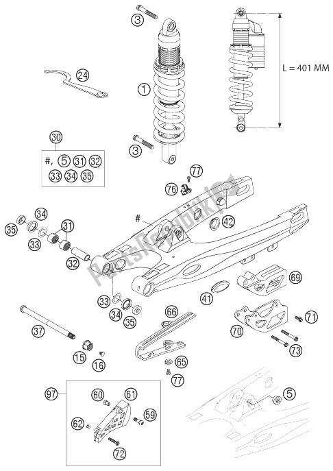 Tutte le parti per il Forcellone, Monoammortizzatore del KTM 105 SX Europe 2004