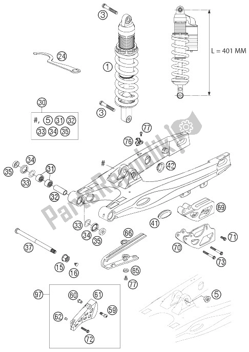 Tutte le parti per il Forcellone, Monoammortizzatore del KTM 105 SX Europe 2004