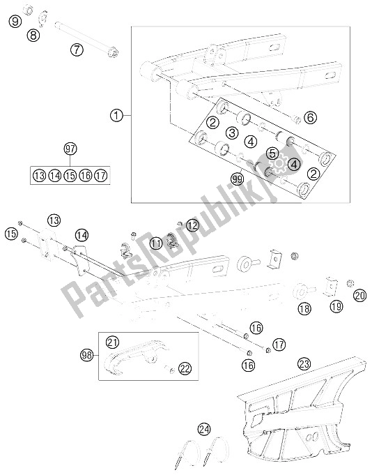 All parts for the Swing Arm of the KTM 50 SXS USA 2012