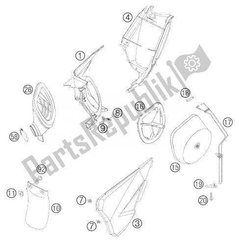 All parts for the Air Filter Box of the KTM 85 SX 19 16 Europe 2007