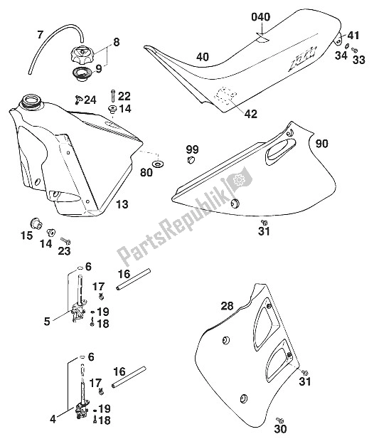 Alle onderdelen voor de Tank - Stoelbekleding 125'96 van de KTM 125 SIX Days M ö Europe 1996