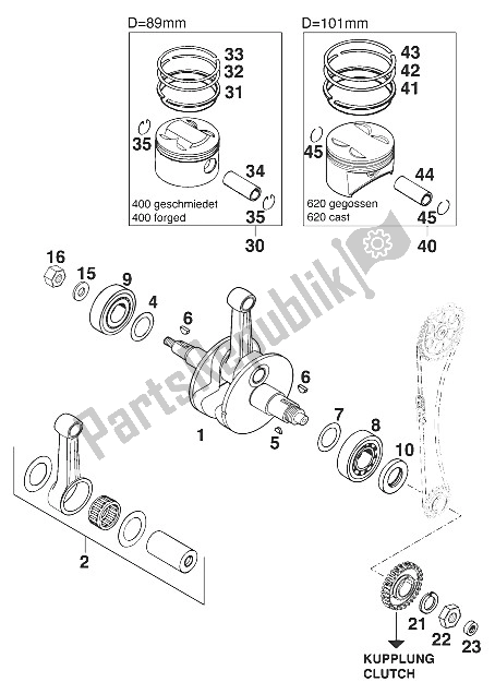 Tutte le parti per il Albero Motore - Pistone 400/620 Rx del KTM 400 EGS E 11 LT Orange Europe 1997