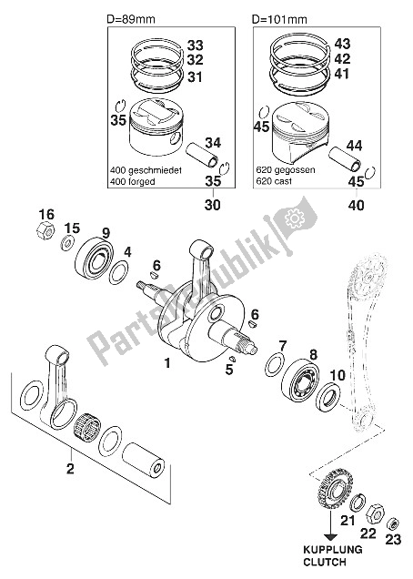 Toutes les pièces pour le Vilebrequin - Piston 400/620 Rx du KTM 400 EGS E 29 KW 11 LT Blau Australia 1997