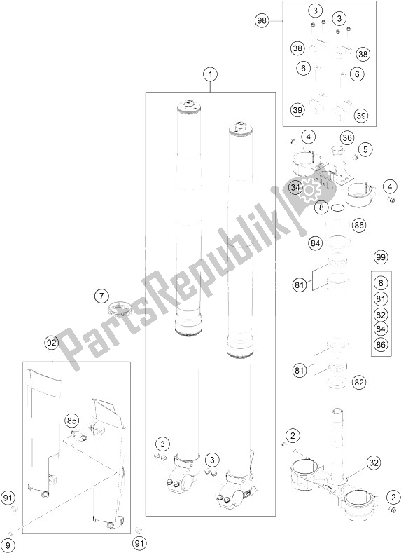 All parts for the Front Fork, Triple Clamp of the KTM 300 EXC SIX Days Europe 2015