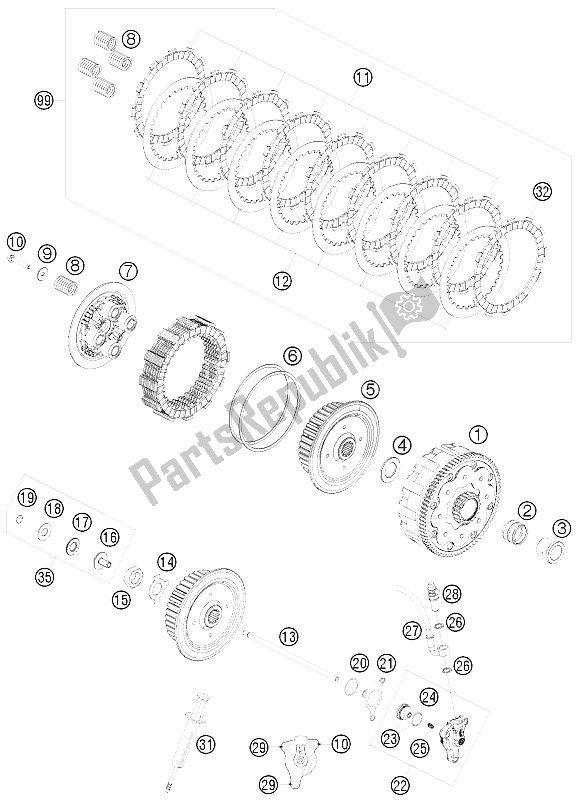 All parts for the Clutch of the KTM 530 EXC Australia United Kingdom 2009