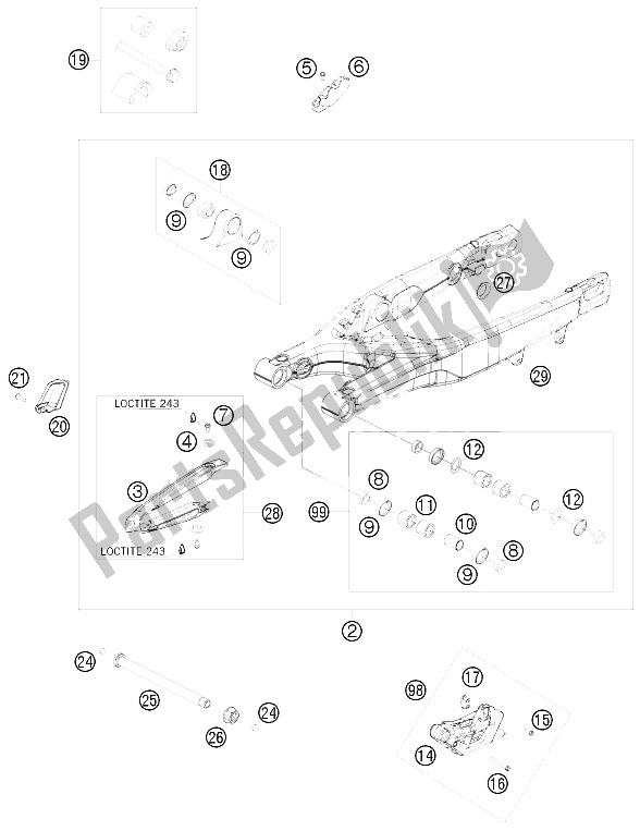 All parts for the Swing Arm of the KTM 450 SMR Europe 2009