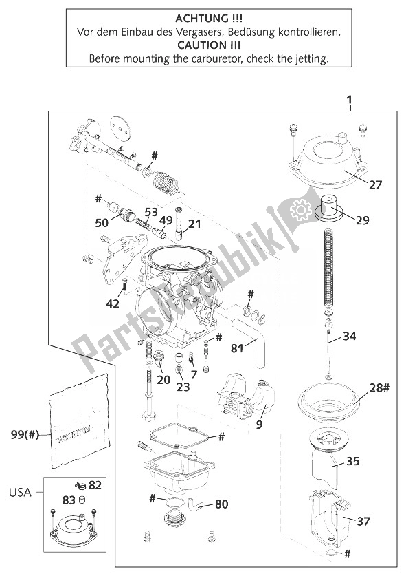 All parts for the Carburetor of the KTM 640 Adventure R Europe 1999