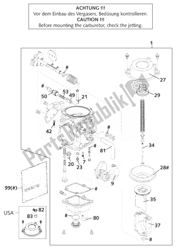 All parts for the Carburetor of the KTM 640 LC 4 98 United Kingdom 1998