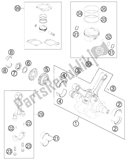 All parts for the Crankshaft, Piston of the KTM 990 Superduke Orange Australia United Kingdom 2006