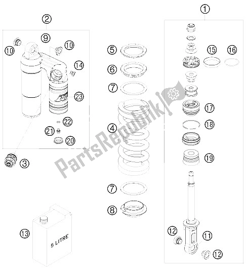 All parts for the Shock Absorber Disassembled of the KTM 990 Supermoto T Silver Europe 2009