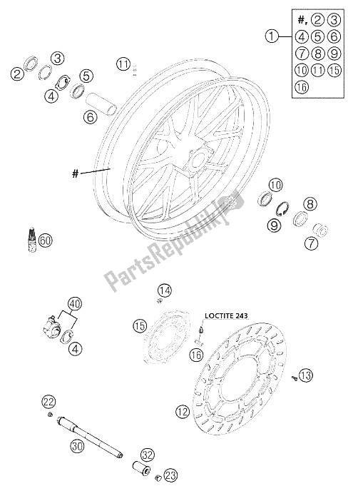 Todas as partes de Roda Dianteira Bbs 640 Duke 2002 do KTM 640 Duke II Orange Australia 2002