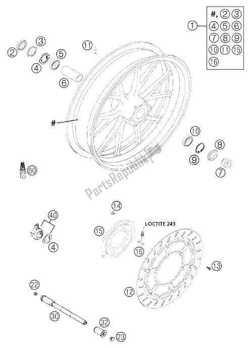 Todas as partes de Roda Dianteira Bbs 640 Duke 2002 do KTM 640 Duke II Orange United Kingdom 2002