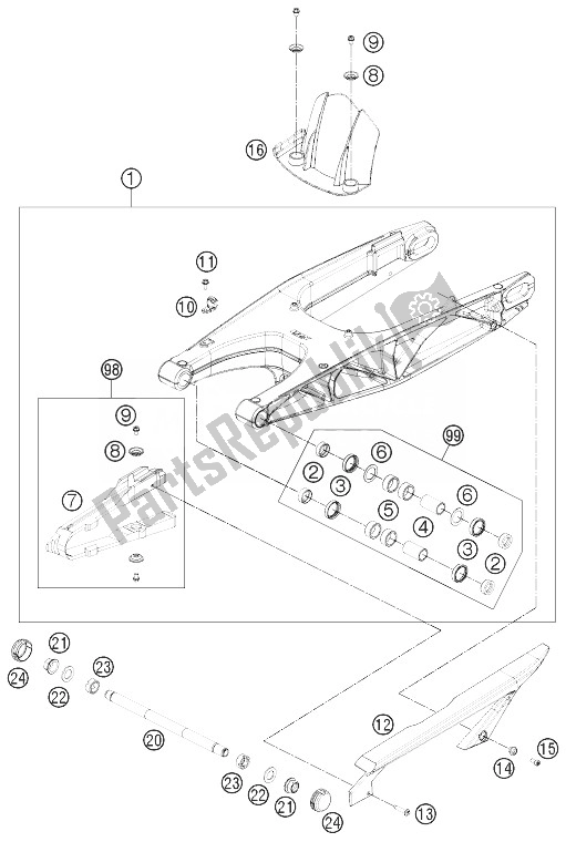 Alle onderdelen voor de Zwenkarm van de KTM 690 Duke Black ABS CKD Malaysia 2013