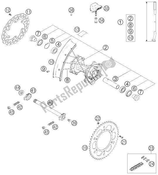 All parts for the Rear Wheel of the KTM 250 EXC Racing Europe 2006