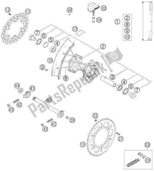 All parts for the Rear Wheel of the KTM 525 SX Europe 2006