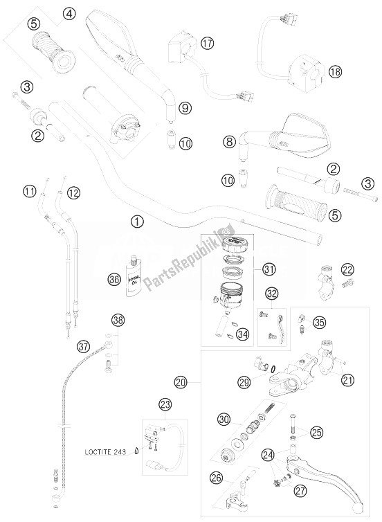 All parts for the Handlebar, Controls of the KTM 990 Super Duke R France 2010