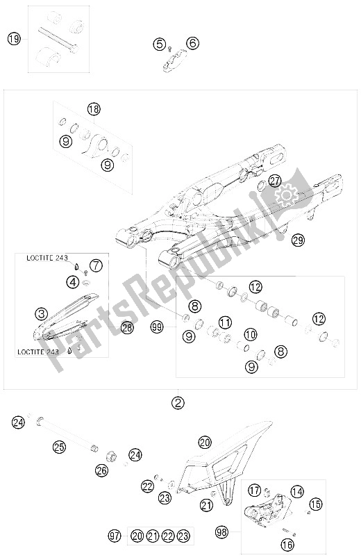 All parts for the Swing Arm of the KTM 450 EXC Australia United Kingdom 2009