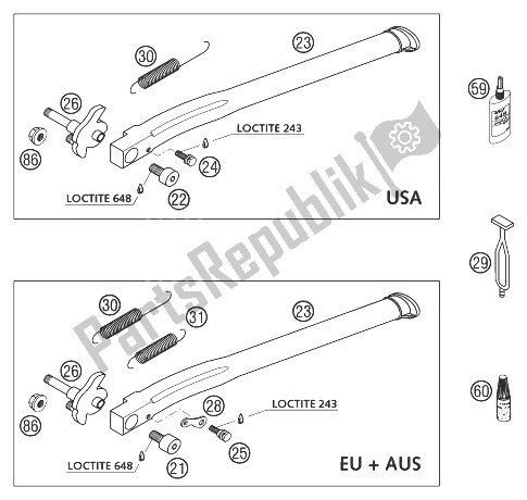 Alle onderdelen voor de Zijstandaard 125-300 Racen van de KTM 250 EXC Australia 2003