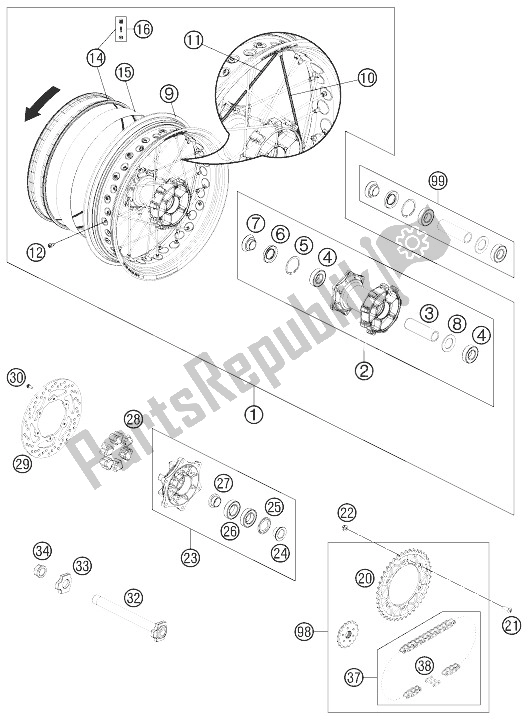 Alle onderdelen voor de Achterwiel van de KTM 690 SMC R Europe 2013