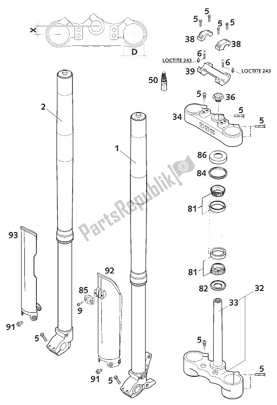 Toutes les pièces pour le Fourche Avant - Potence De Direction Usd43 Wp 400/620 200 du KTM 620 SC Super Moto Europe 2001