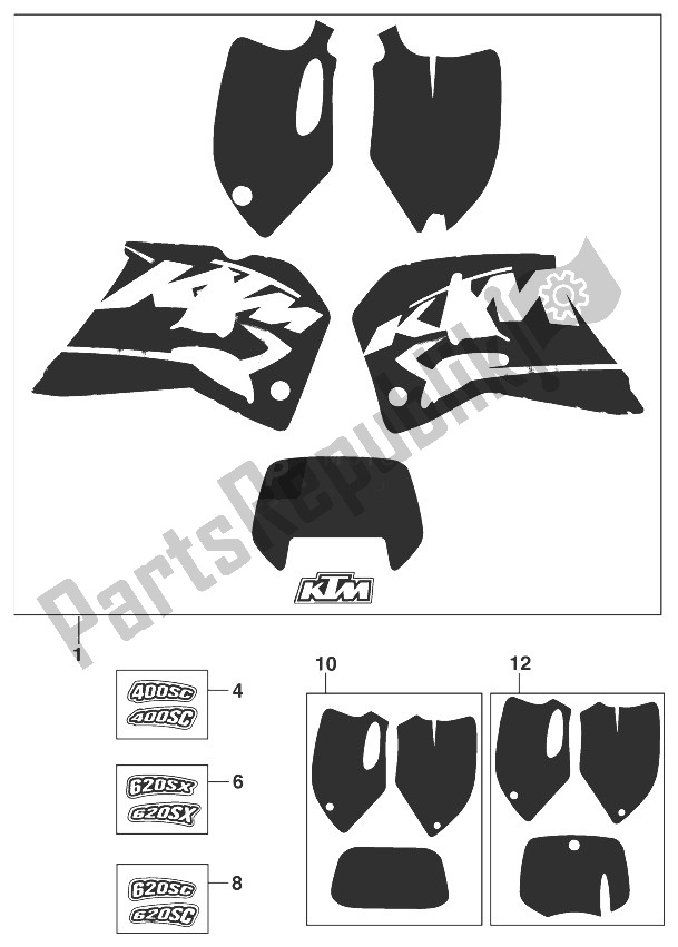 Toutes les pièces pour le Décalcomanie Sx, Sc 400/620 '98 du KTM 400 SX 98 USA 1998