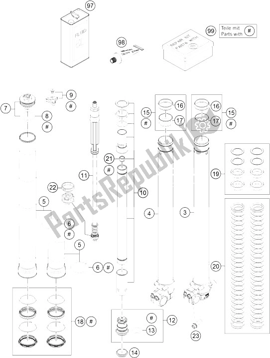 All parts for the Front Fork Disassembled of the KTM Freeride 350 Australia 2016