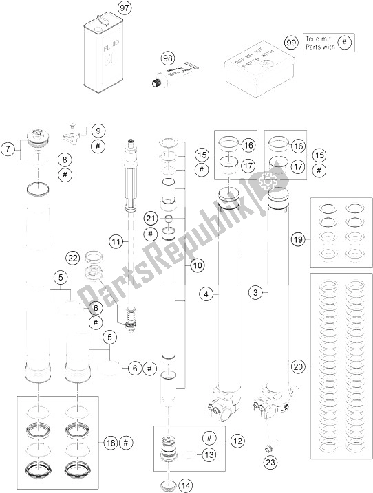 All parts for the Front Fork Disassembled of the KTM Freeride 350 Europe 2015