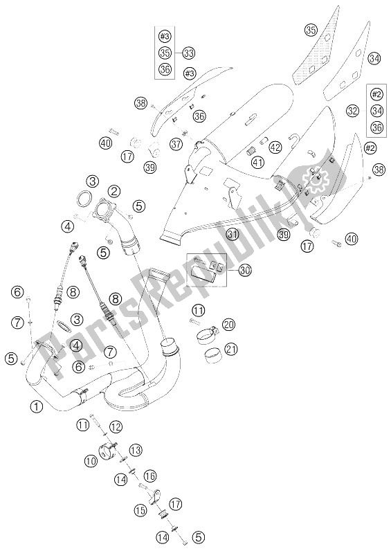 All parts for the Exhaust System of the KTM 990 Superduke Orange Japan 2005