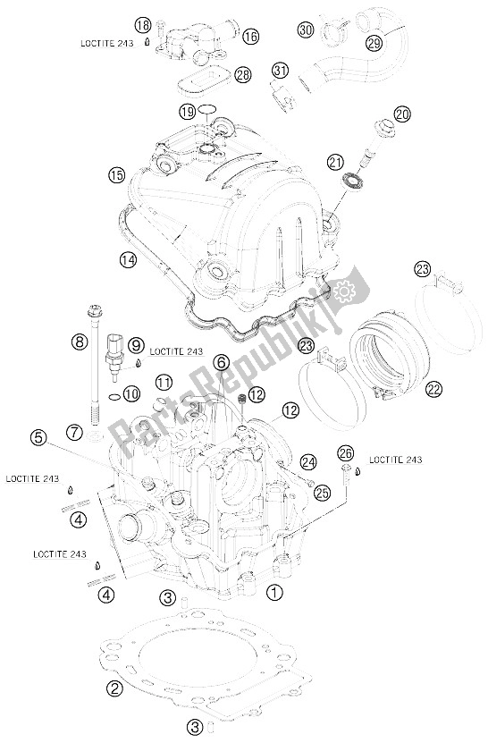 All parts for the Cylinder Head of the KTM 690 Duke Orange Japan 2008