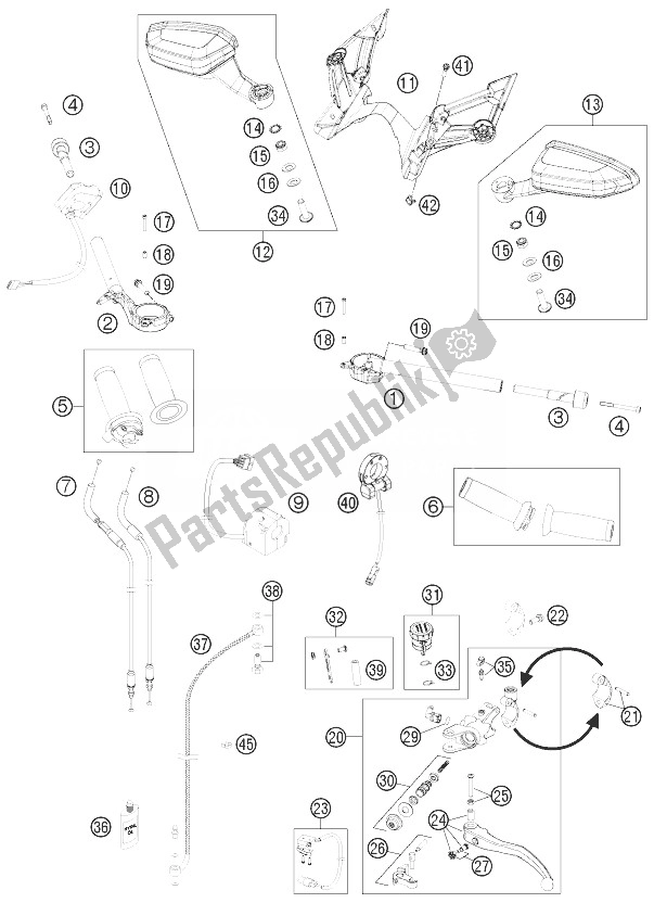 All parts for the Handlebar, Controls of the KTM 1190 RC8 R White Europe 2013
