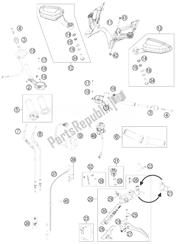 All parts for the Handlebar, Controls of the KTM 1190 RC8 R White France 2014