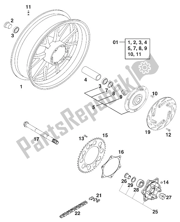 Tutte le parti per il Ruota Posteriore Bbs Duke '99 del KTM 640 Duke II Lime USA 2000