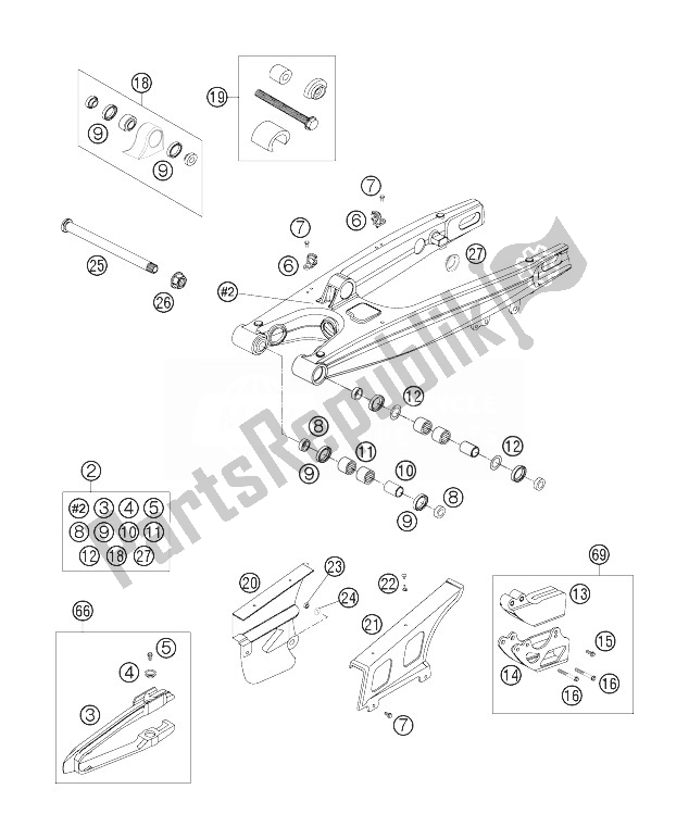 All parts for the Swingarm of the KTM 125 EXC Europe 2007