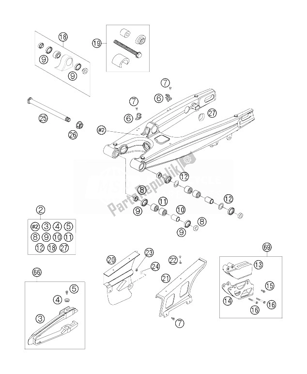 Alle onderdelen voor de Achterbrug van de KTM 250 XCF W South Africa 2007