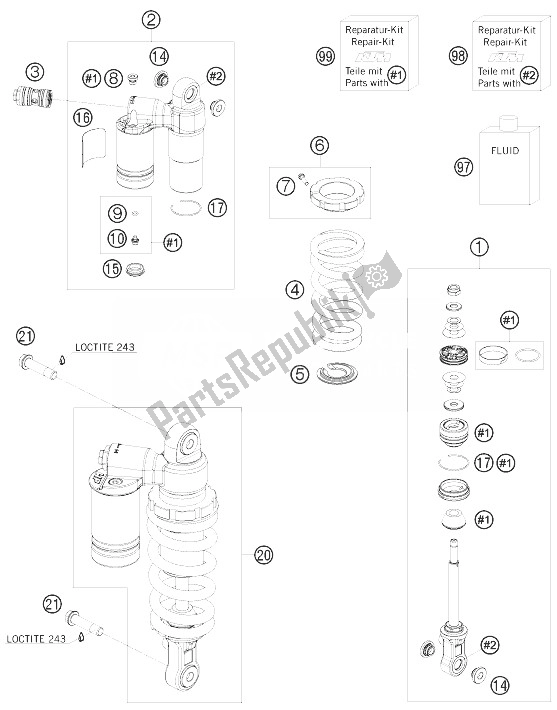 All parts for the Shock Absorber of the KTM 1190 RC8 Orange Japan 2010