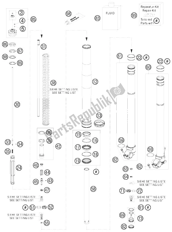 All parts for the Front Fork Disassembled of the KTM 200 EXC Australia 2008