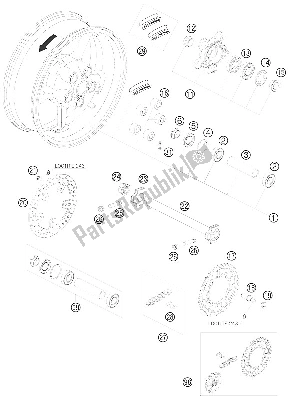 All parts for the Rear Wheel of the KTM 990 Supermoto Orange Australia United Kingdom 2008