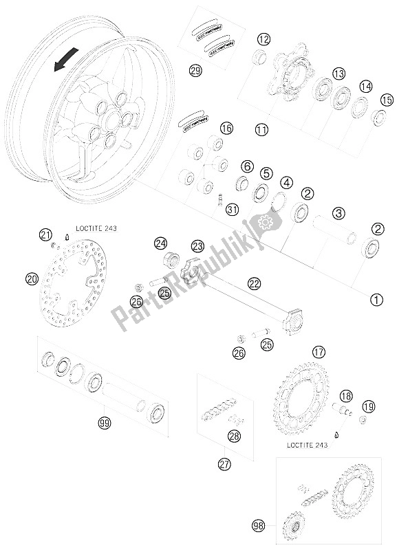 All parts for the Rear Wheel of the KTM 990 Supermoto T Silver Australia United Kingdom 2009