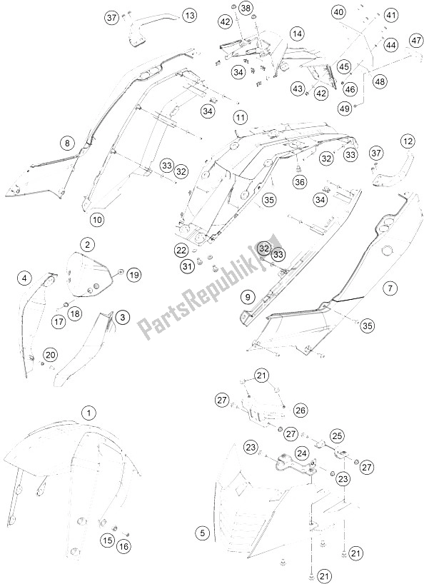All parts for the Mask, Fenders of the KTM 390 Duke White ABS CKD Thailand 2016