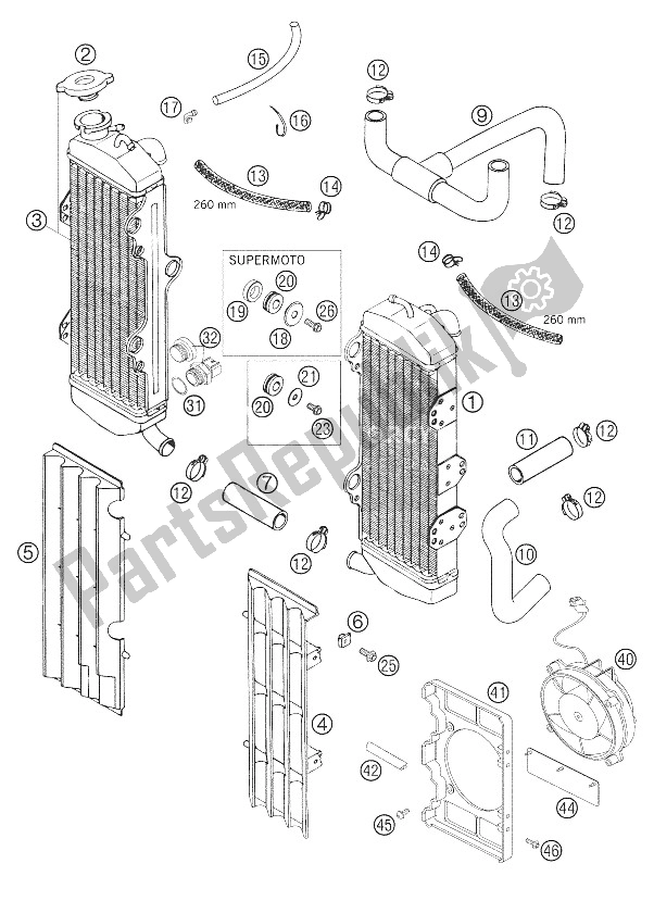 All parts for the Cooling System of the KTM 640 LC4 Supermoto Orange Australia United Kingdom 2006