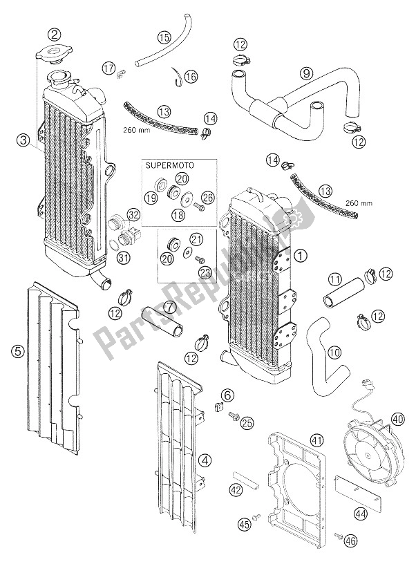 All parts for the Radiator - Radiator Hose 625, 640, 660 Lc4 of the KTM 640 LC4 Supermoto White 05 Europe 9726E6 2005