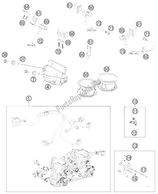 All parts for the Throttle Body of the KTM 990 Super Duke R Australia United Kingdom 2011