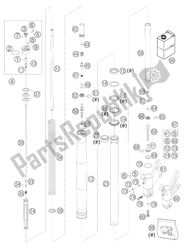 Tutte le parti per il Forklegs Wp Multi-regolatore del KTM 640 Duke II Yellow Europe 2004