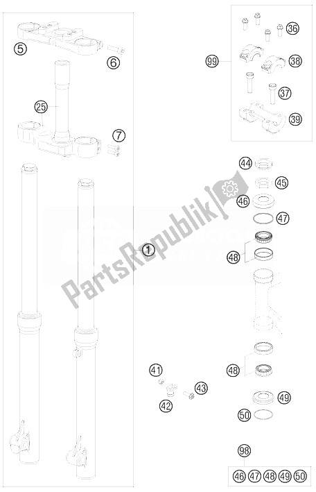 Tutte le parti per il Forcella Anteriore, Pinza Tripla del KTM 50 SX Mini Europe 2010